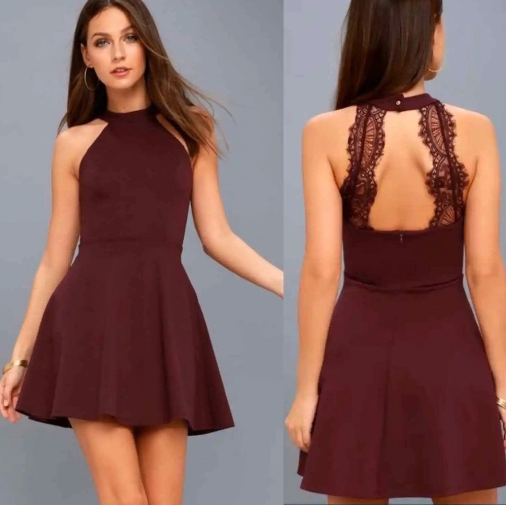 Lulus Lace Back Mini Dress Hometown Girl Maroon Skater xs Halter